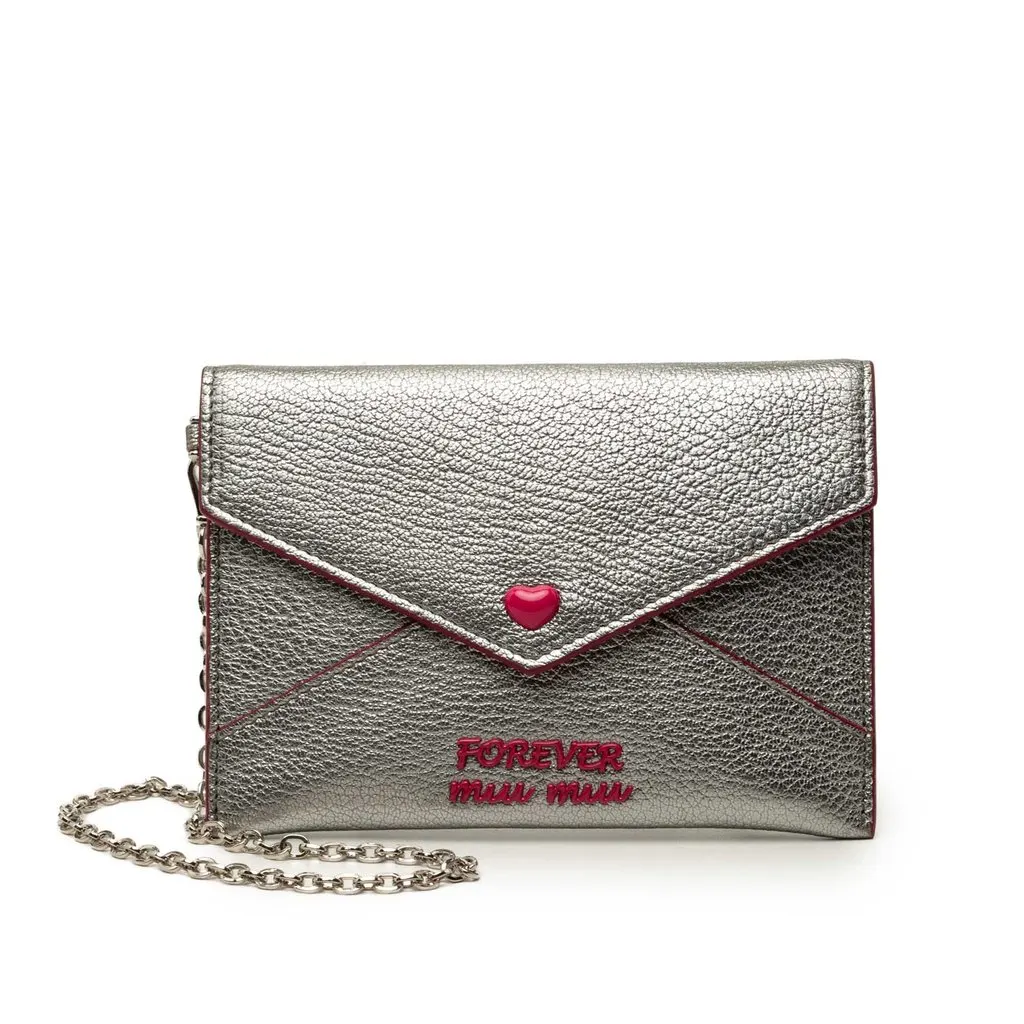 Miu Miu Metallic Goatskin Madras Forever Heart Envelope Chain Wallet Silver Leather Good - Front View