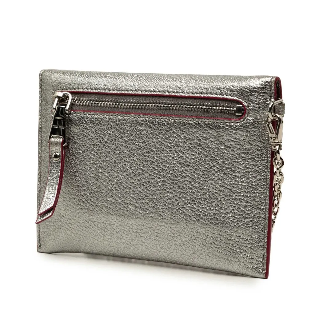 Miu Miu Metallic Goatskin Madras Forever Heart Envelope Chain Wallet Silver Leather Good - Back View