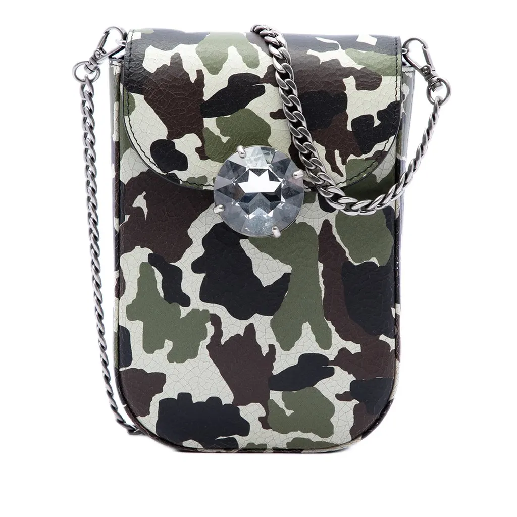 Miu Miu Crystal Embellished Camouflage Print Calfskin Phone Case Crossbody Green Leather Very good - Front View