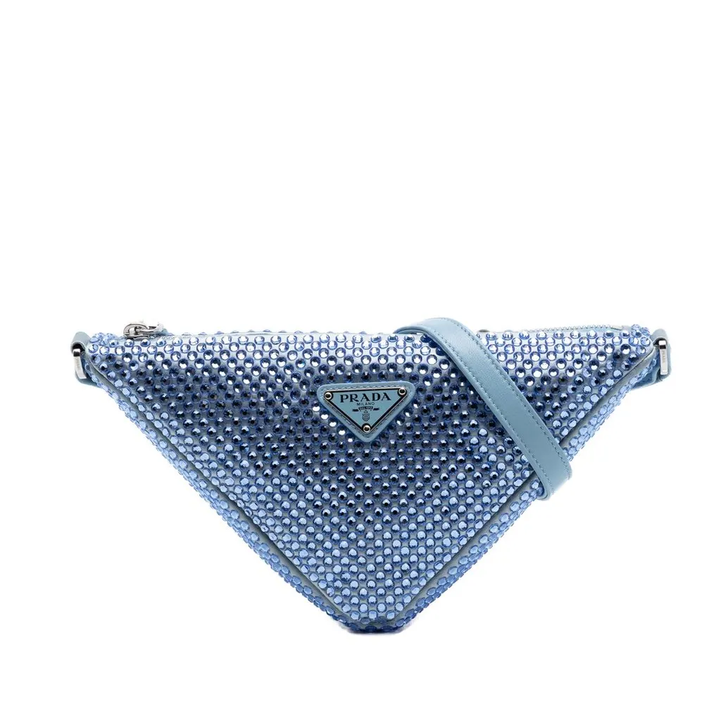 Prada Satin Crystal Embellished Triangle Shoulder Bag Blue Very good - Front View