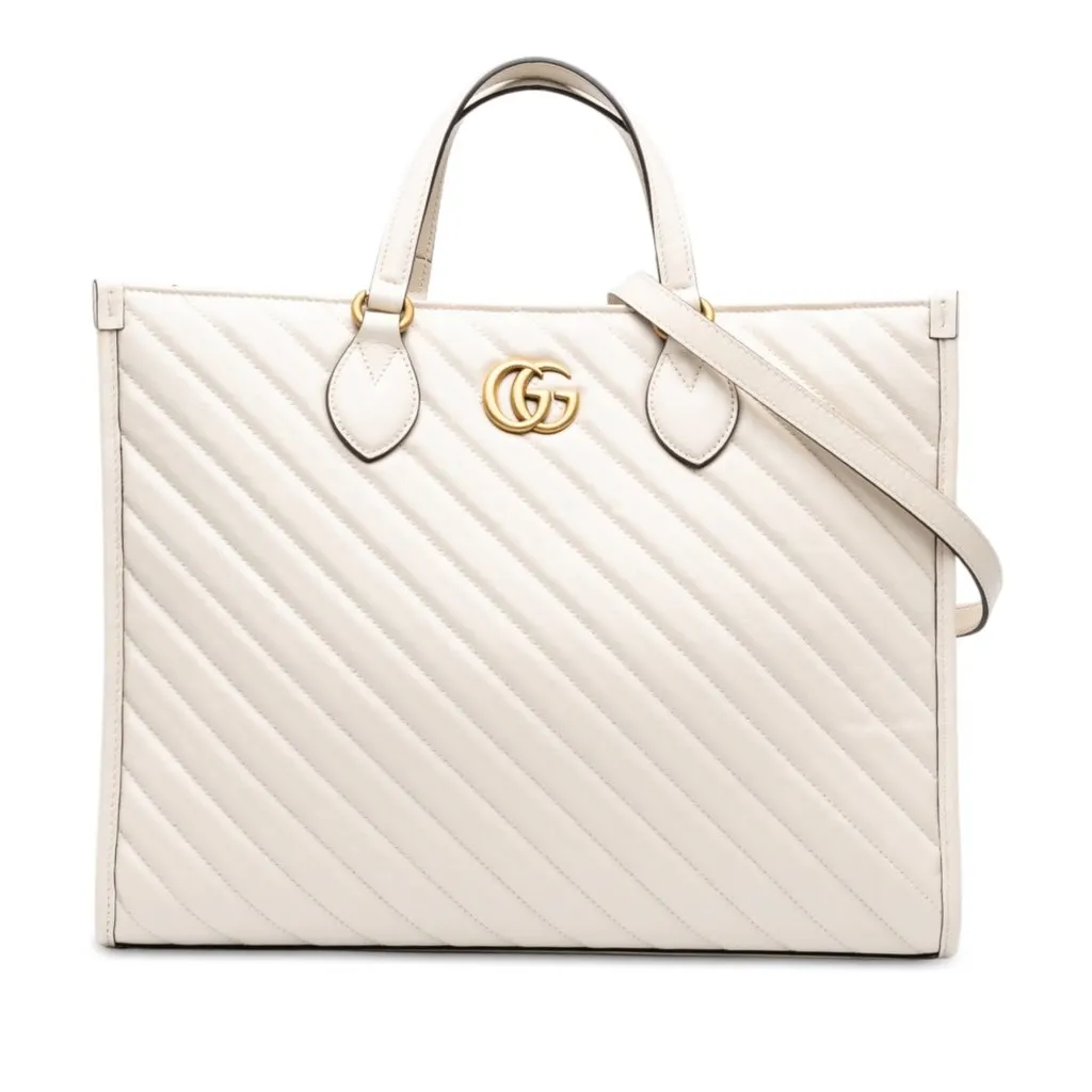 Gucci Medium GG Marmont Matelasse Diagonal Calfskin Shopping Tote White Leather Very good - Front View