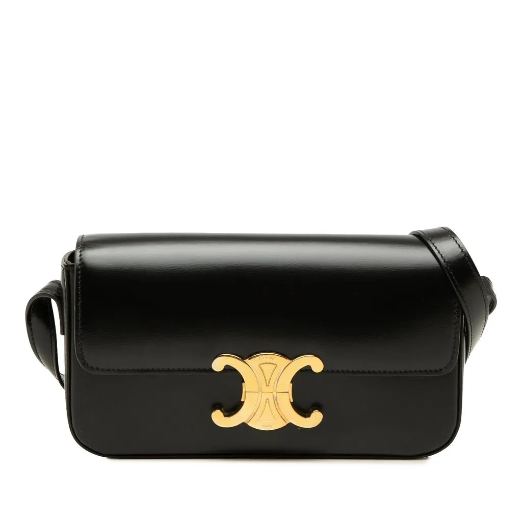 Celine Shiny Calfskin Triomphe Claude Shoulder Bag Black Leather Very good - Front View