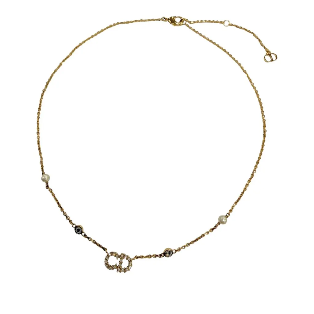 Dior Gold Plated Faux Pearl and Strass Clair D Lune Necklace Gold Metal Very good - Front View