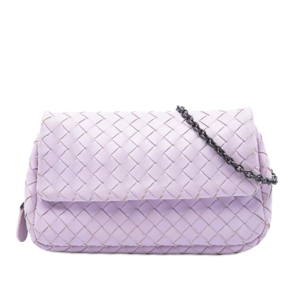 Bottega Veneta Mini Nappa Intrecciato Expandable Chain Flap Crossbody Purple Leather Very good - Front View