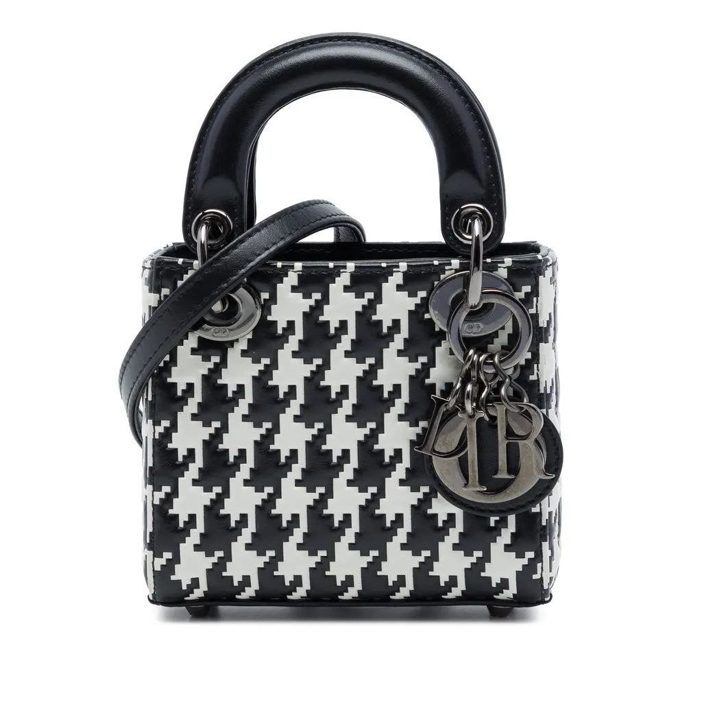 Dior Micro Calfskin Houndstooth Embossed Macro Lady Dior Black Leather Very good - Front View