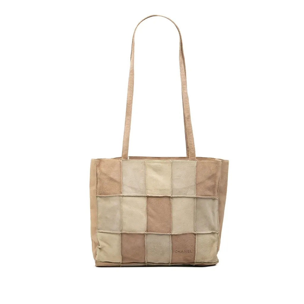 Chanel Suede Patchwork Tote Beige Suede Good - Front View