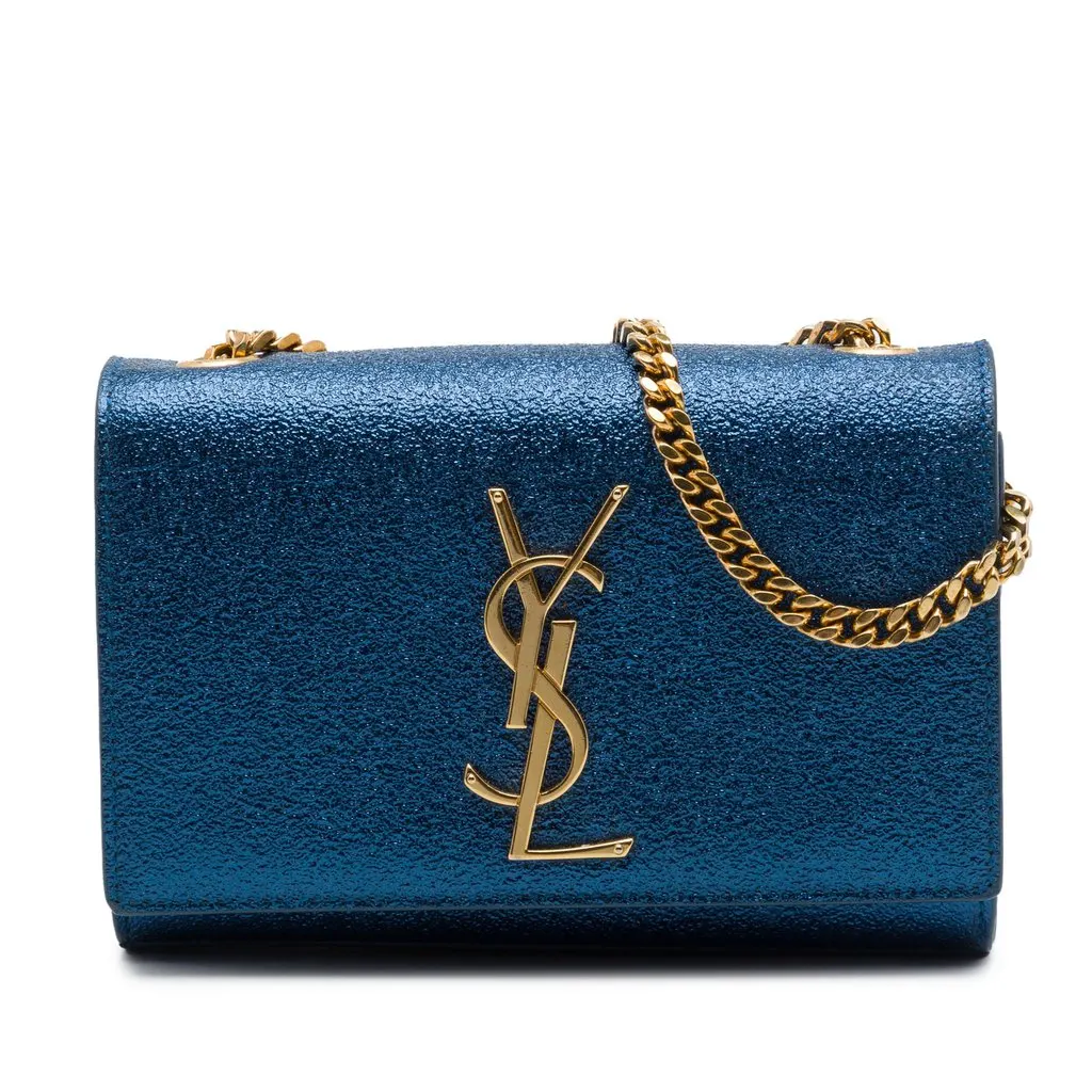 Saint Laurent Small Metallic Calfskin Classic Monogram Kate Crossbody Blue Leather Very good - Front View