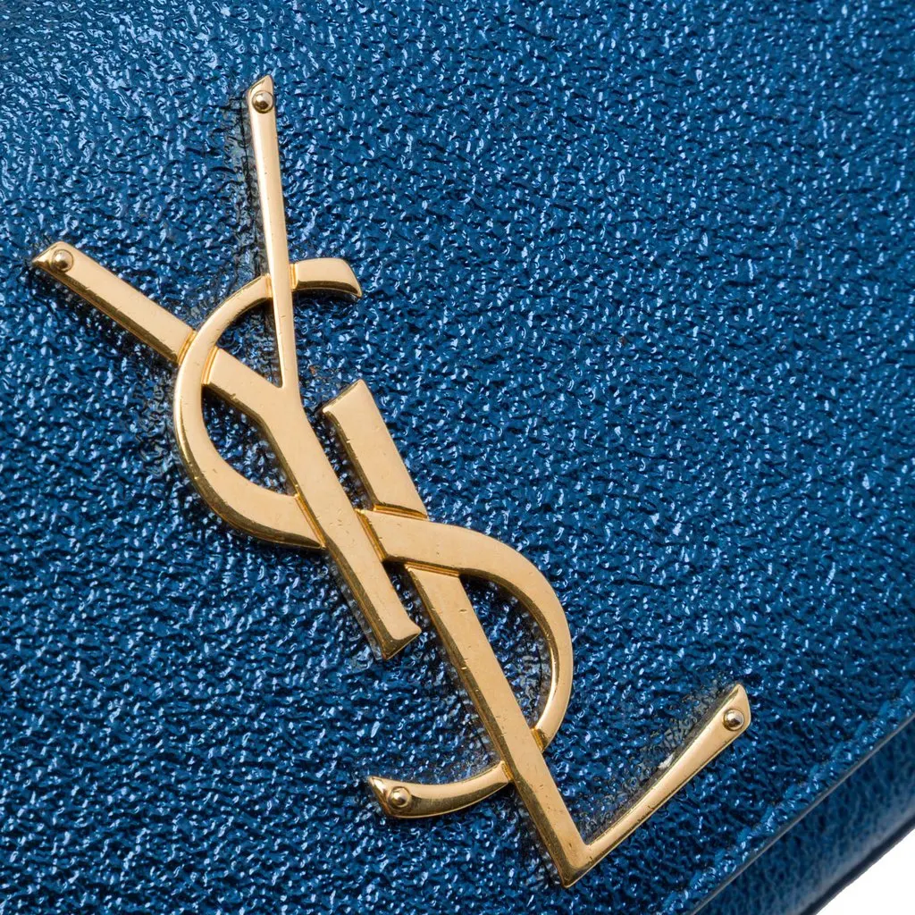 Saint Laurent Small Metallic Calfskin Classic Monogram Kate Crossbody Blue Leather Very good - Box View