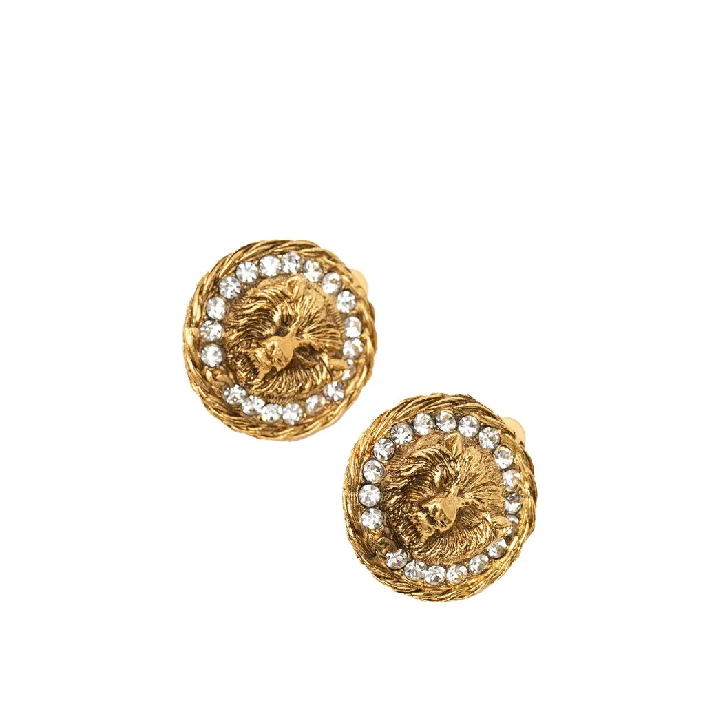 Chanel Gold Plated Strass Lion Head Clip On Earrings Gold Metal Very good - Inside View
