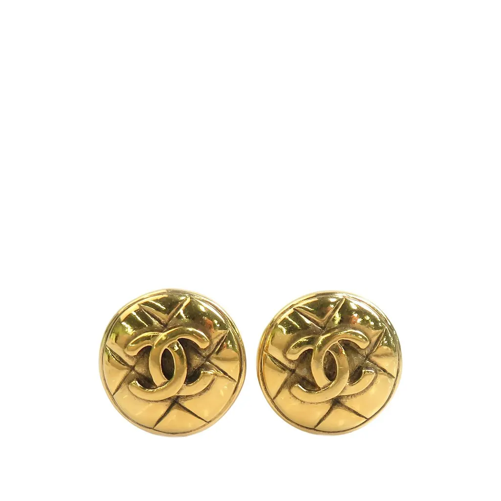Chanel CC Gold Plated Quilted Button Clip On Earrings Gold Metal Very good - Front View