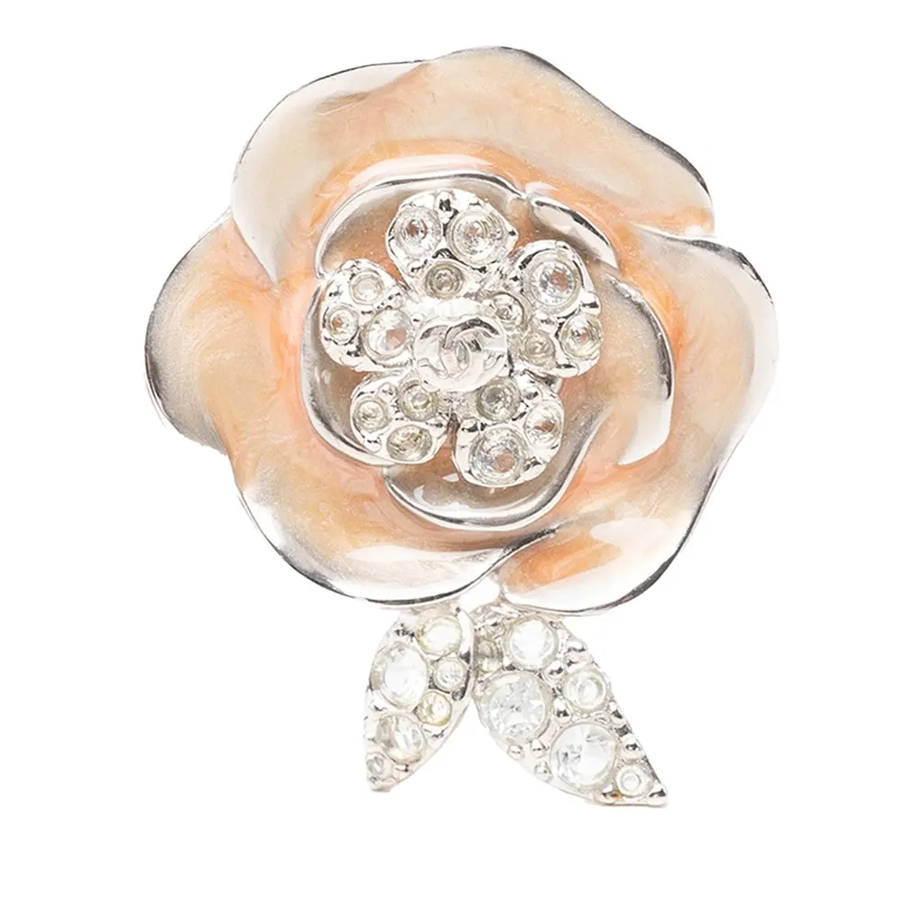 Chanel CC Brass Enamel Strass Camellia Brooch Silver Brass Very good - Front View
