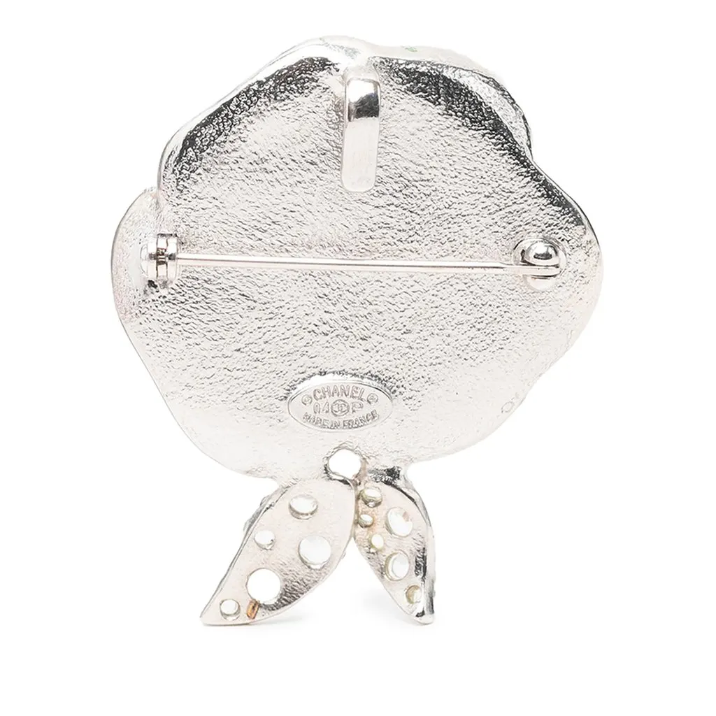 Chanel CC Brass Enamel Strass Camellia Brooch Silver Brass Very good - Back View
