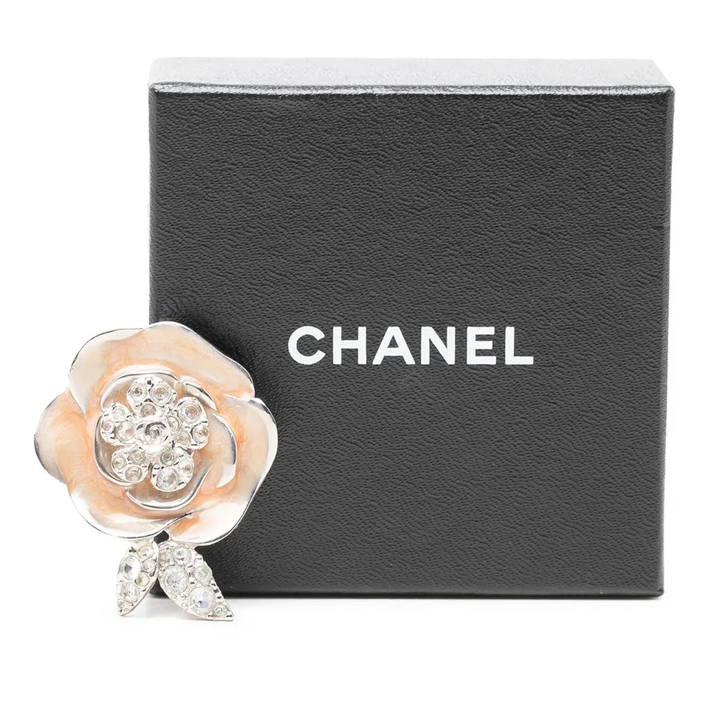 Chanel CC Brass Enamel Strass Camellia Brooch Silver Brass Very good - Model View