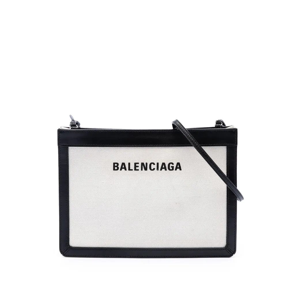 Balenciaga Canvas Navy Pochette M Crossbody White Very good - Front View