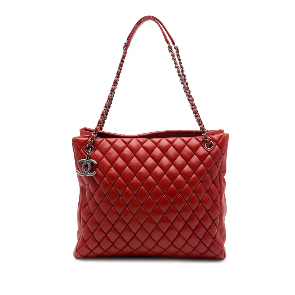 Chanel Large Quilted Lambskin New Bubble Tote Red Leather Very good - Front View