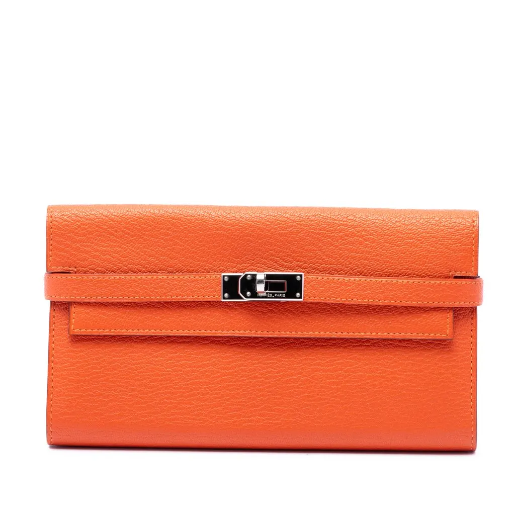 Hermès Chevre Mysore Kelly Longue Wallet Orange Leather Very good - Front View