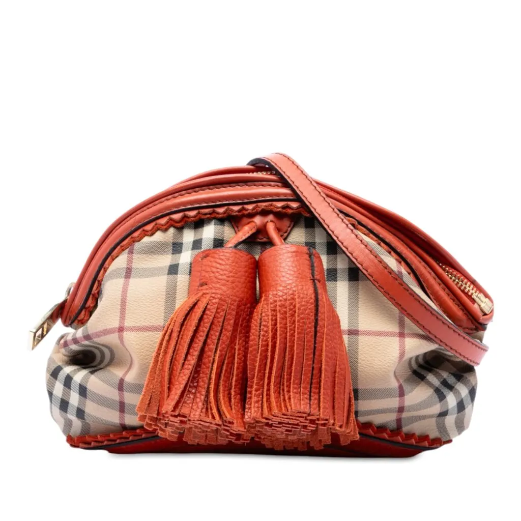 Burberry Prorsum Haymarket Check Coated Canvas Brogue Tassel Crossbody Beige Very good - Front View