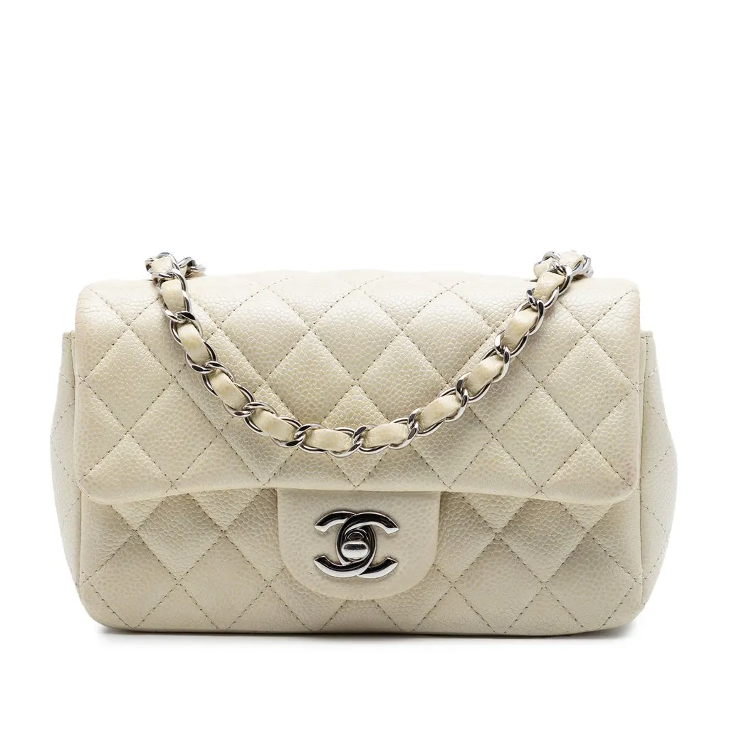 Chanel Mini Rectangular Classic Caviar Single Flap White Leather Very good - Front View