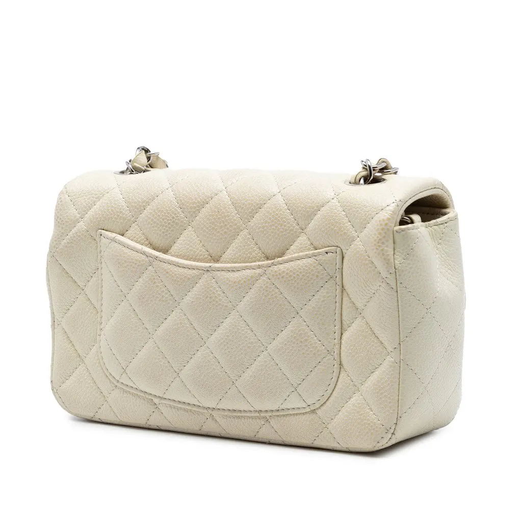 Chanel Mini Rectangular Classic Caviar Single Flap White Leather Very good - Back View