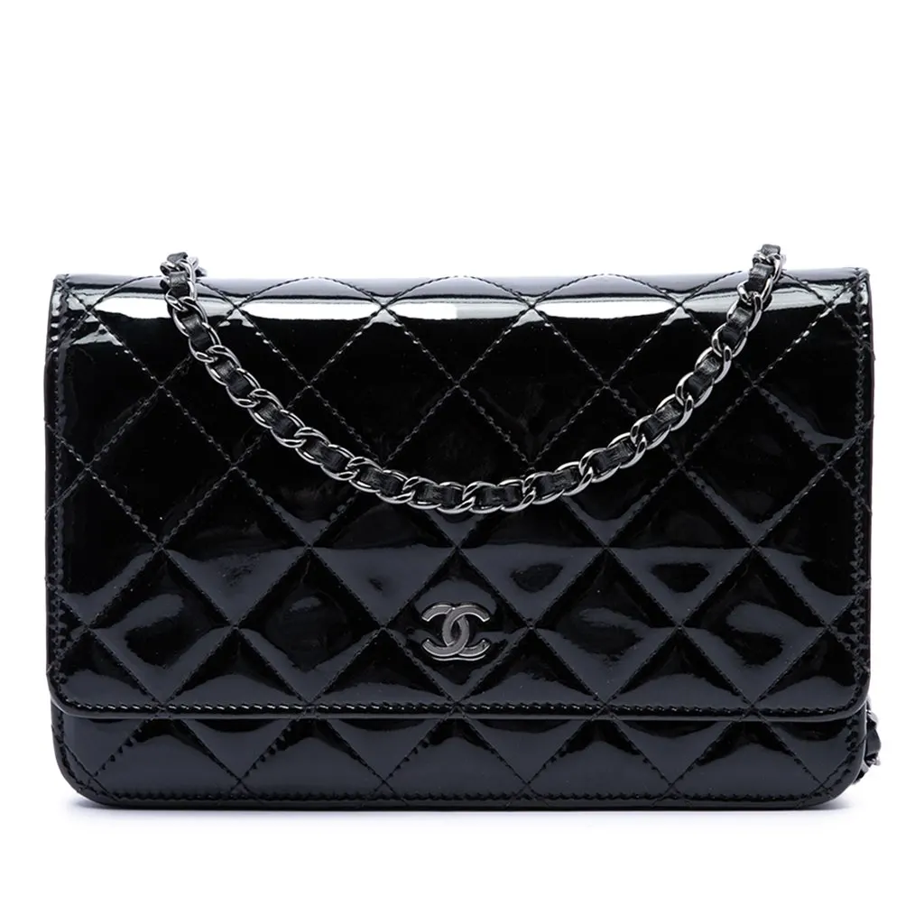 Chanel CC Quilted Patent Wallet On Chain Black Leather Very good - Front View