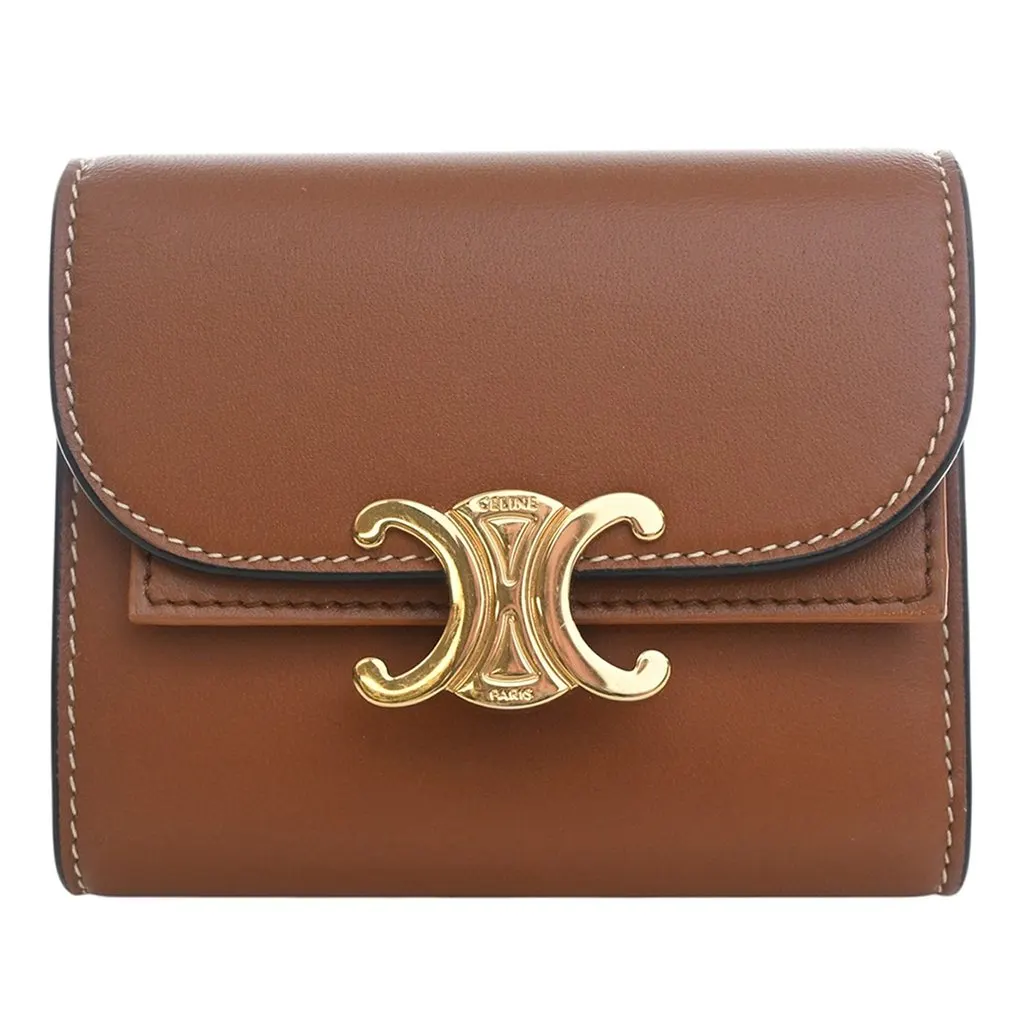Celine Shiny Calfskin Triomphe Flap Small Wallet Brown Leather Very good - Front View
