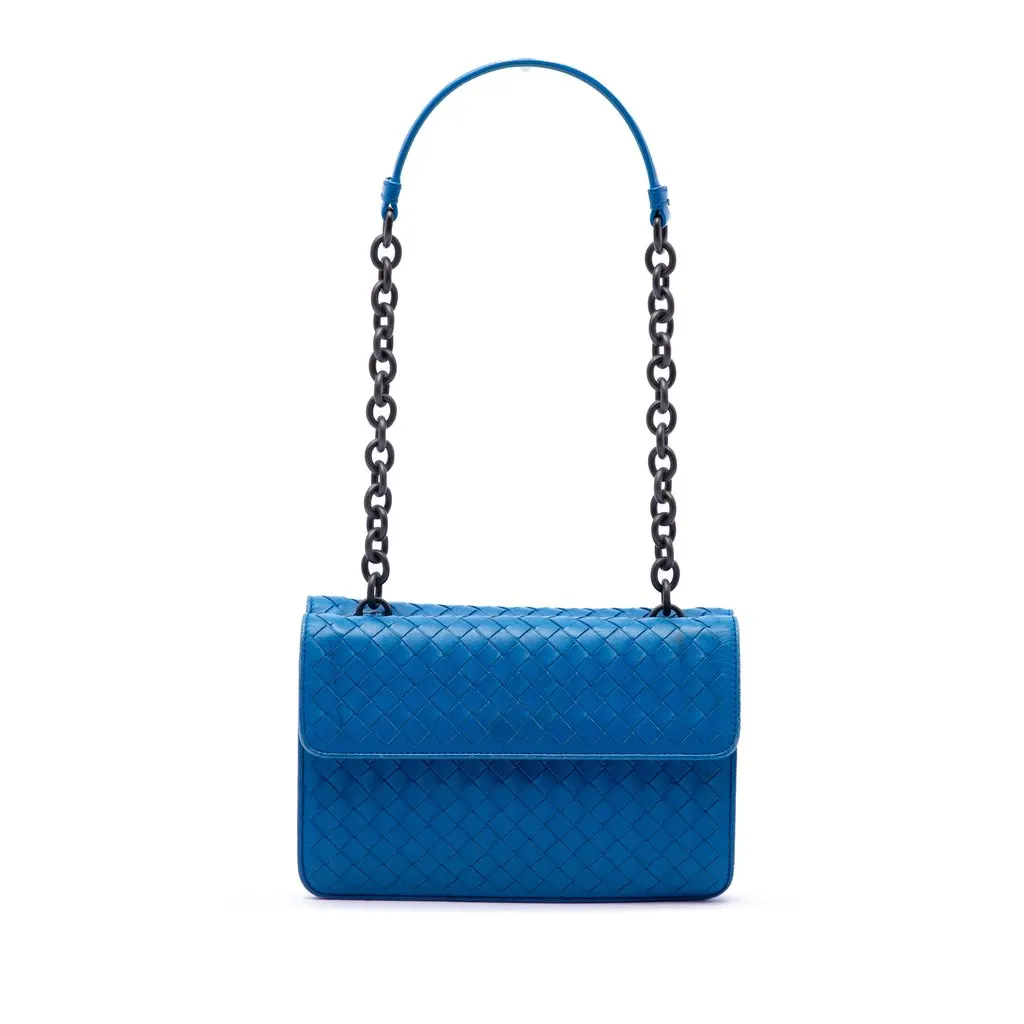 Bottega Veneta Nappa Intrecciato Double Sided Flap Shoulder Bag Blue Leather Very good - Front View