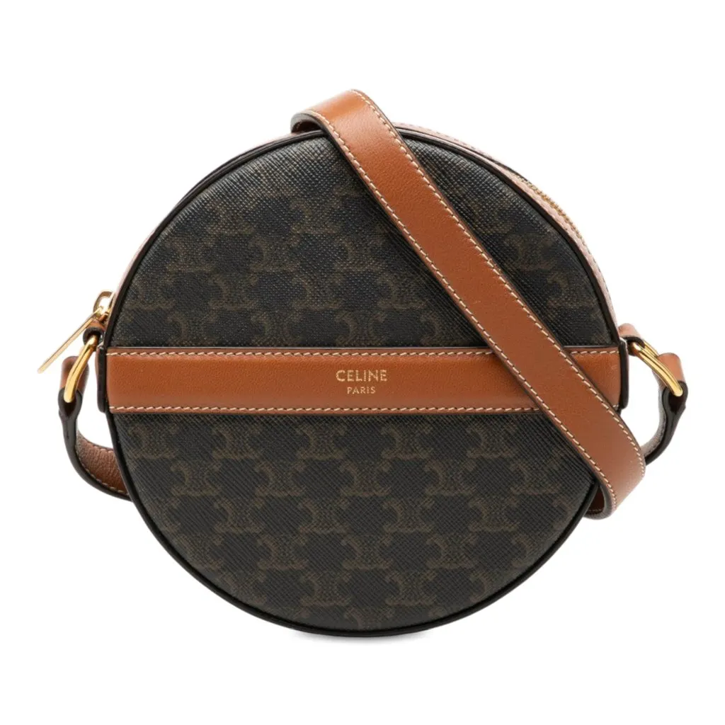 Celine Triomphe Coated Canvas Round Purse on Strap Brown Canvas Very good - Front View