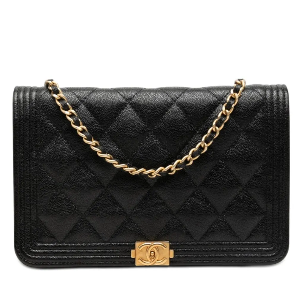 Chanel Quilted Caviar Boy Wallet on Chain Black Leather Very good - Front View