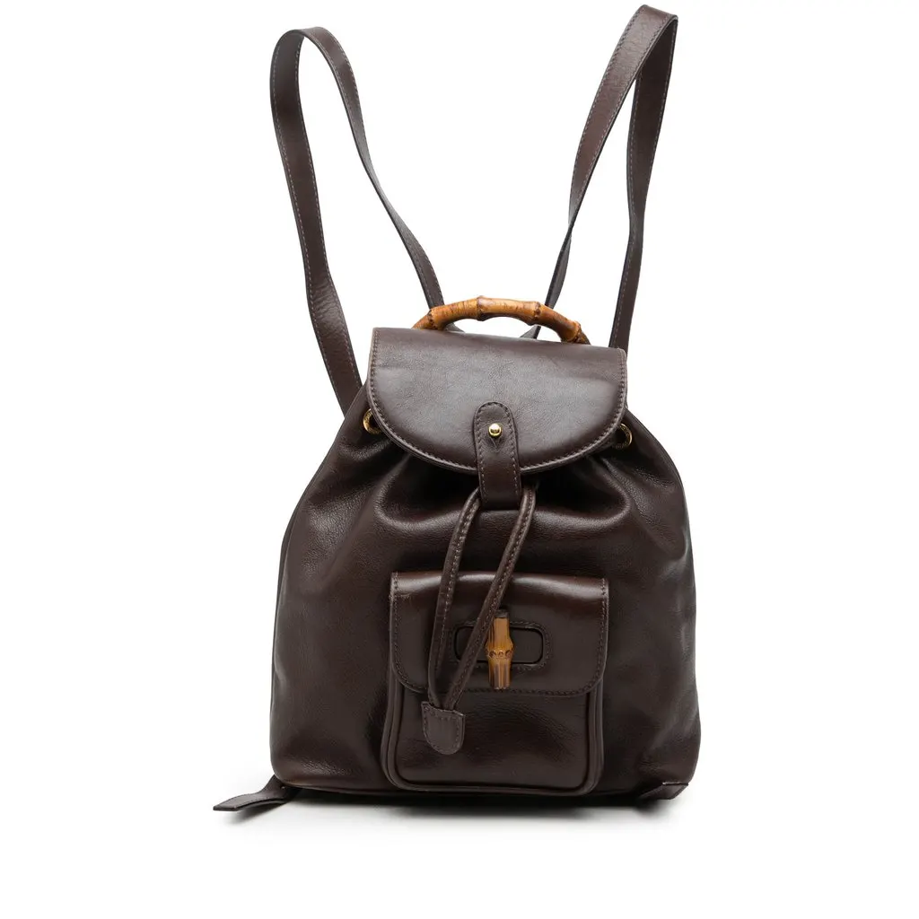 Gucci Mini Calfskin Bamboo Drawstring Backpack Brown Leather Very good - Front View