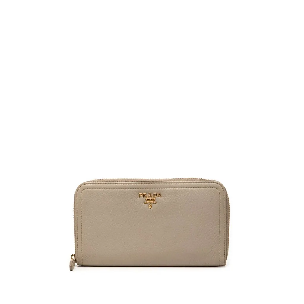Prada VItello Daino Zip Around Wallet Beige Leather Good - Front View