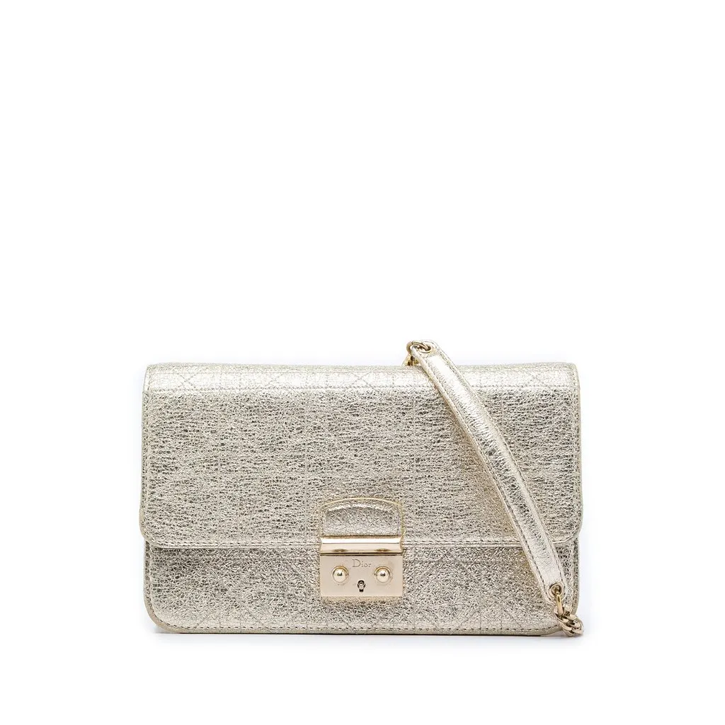 Dior Metallic Crinkled Calfskin Cannage Miss Dior Promenade Wallet on Chain Gold Leather Very good - Front View