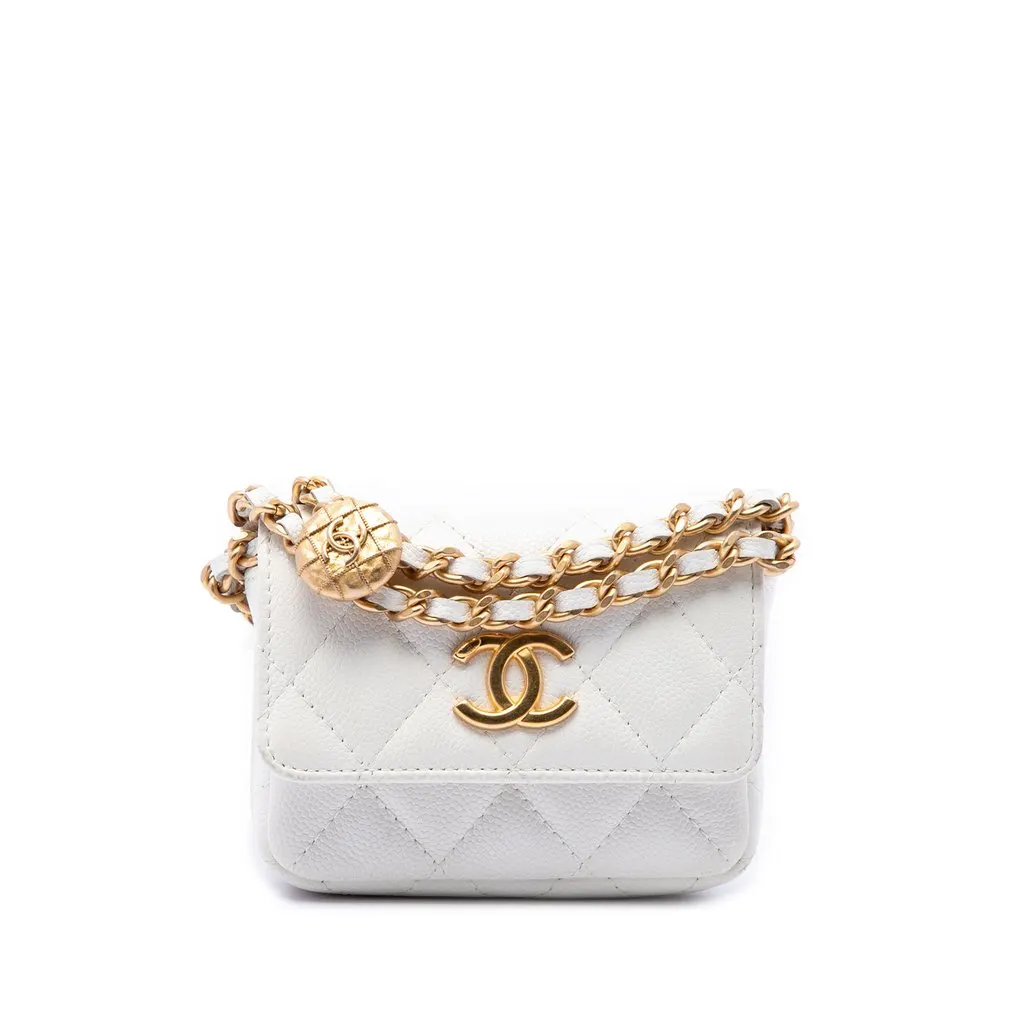 Chanel Quilted Caviar Twist Your Buttons Flap Chain Belt Bag White Leather Very good - Front View