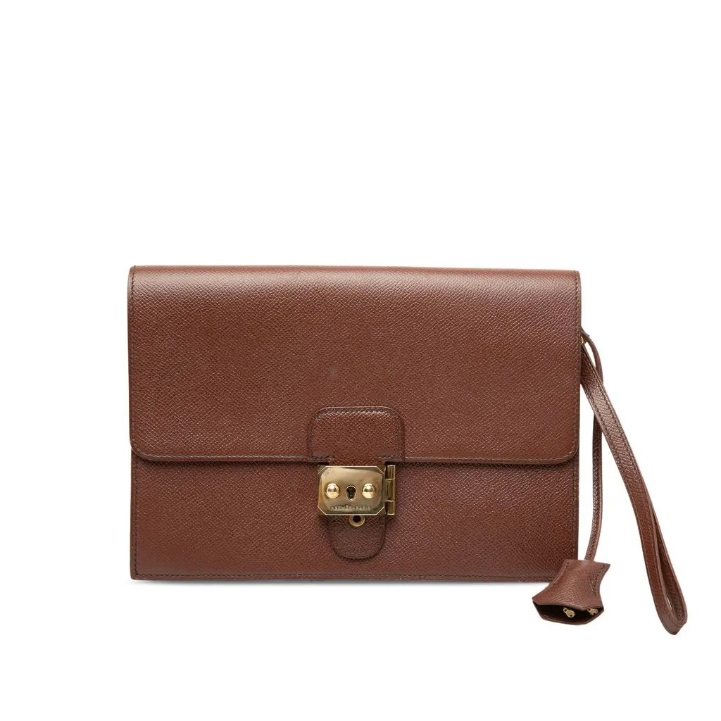 Hermès Courchevel Jet Pochette Clutch Brown Leather Very good - Front View