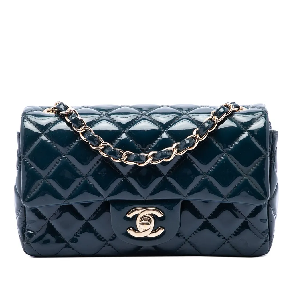 Chanel Mini Rectangular Classic Patent Single Flap Blue Leather Very good - Front View