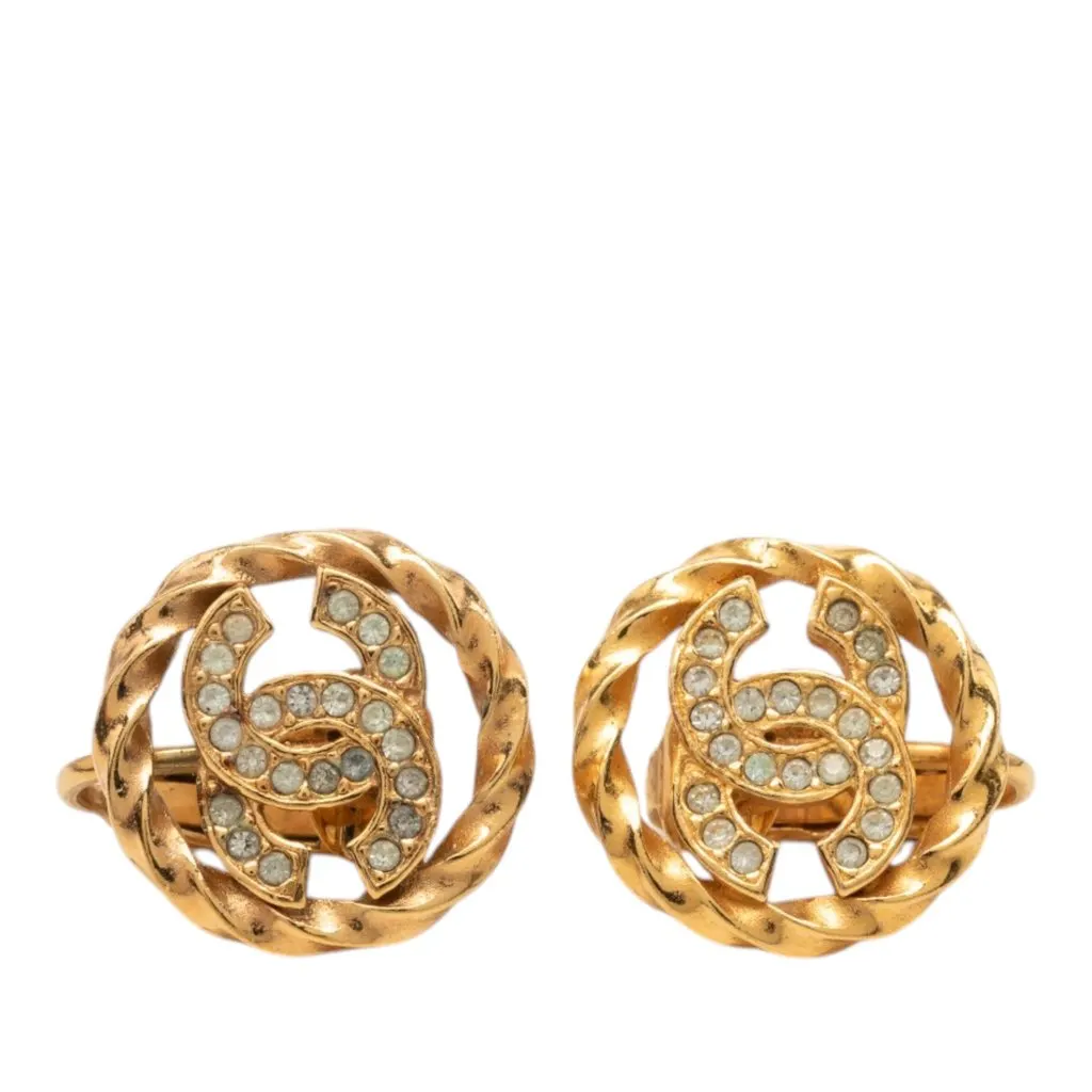 Chanel CC Gold Plated Strass Round Rope Clip On Earrings Gold Metal Very good - Front View