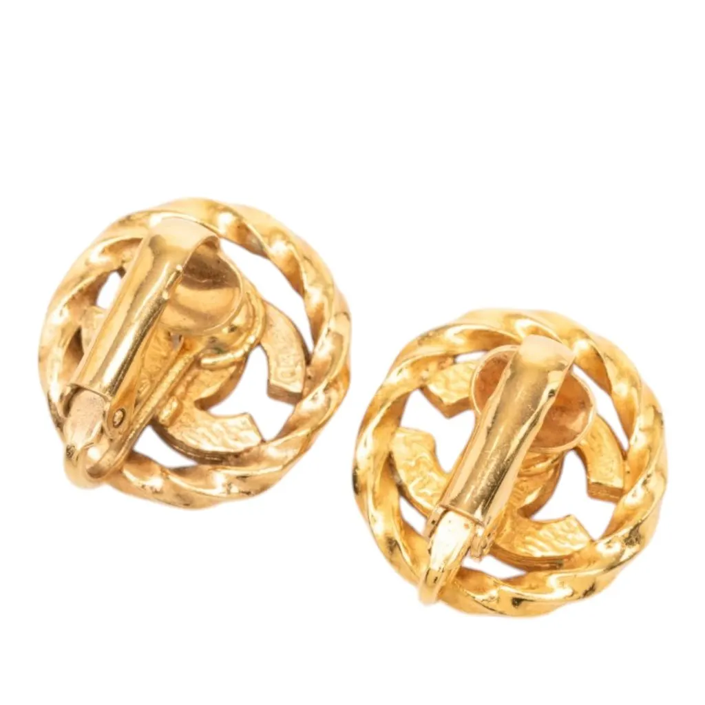 Chanel CC Gold Plated Strass Round Rope Clip On Earrings Gold Metal Very good - Back View