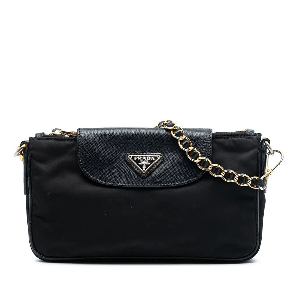Prada Saffiano Trimmed Tessuto Chain Crossbody Black Very good - Front View