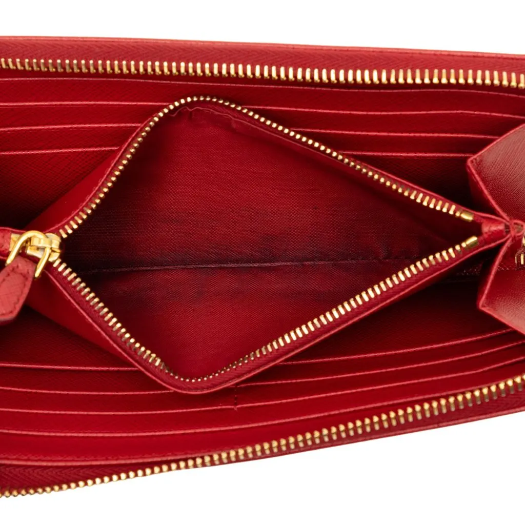 Prada Saffiano Zip Around Long Wallet Red Leather Very good - Model View