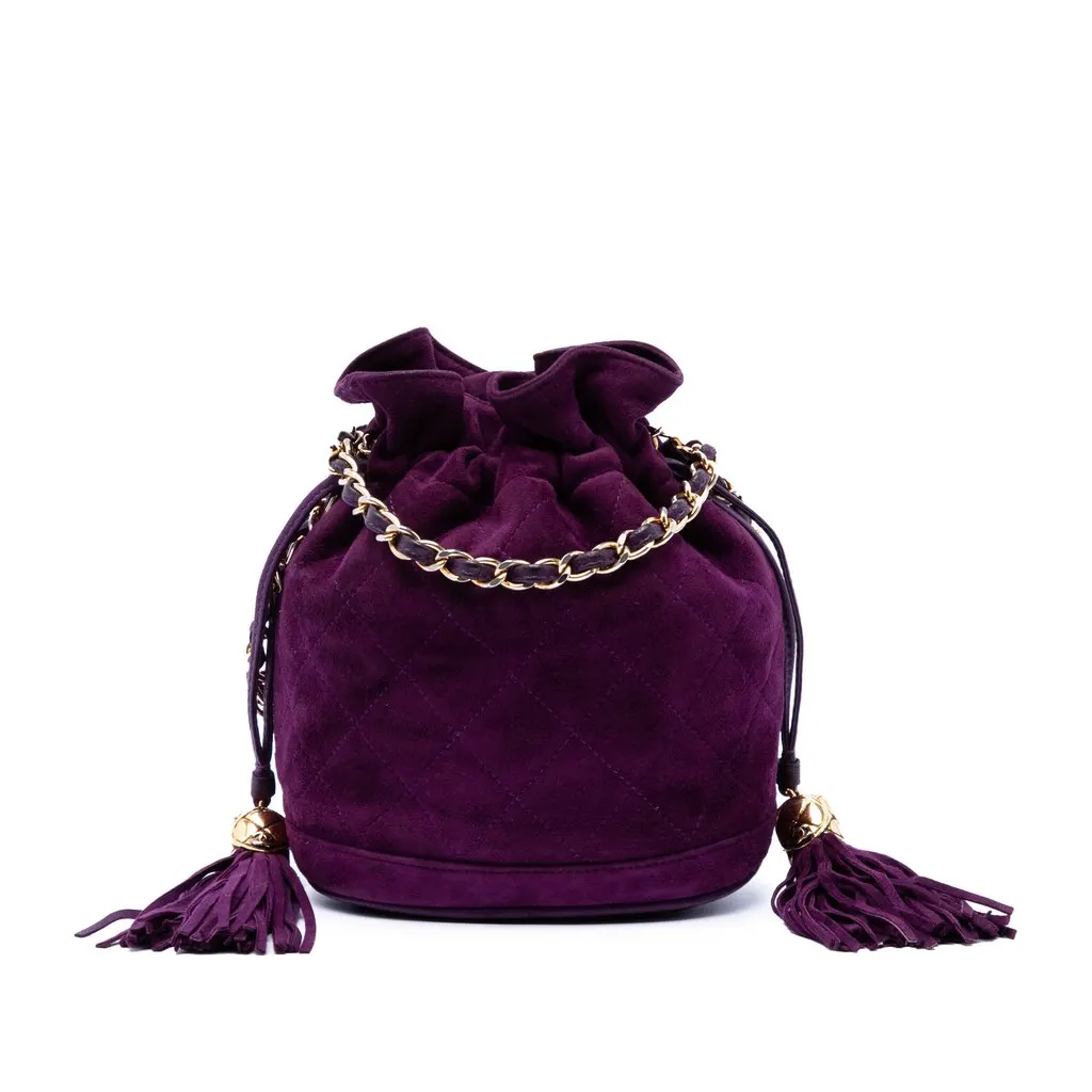 Chanel CC Quilted Suede Drawstring Tassel Bucket Bag Purple Leather Very good - Front View