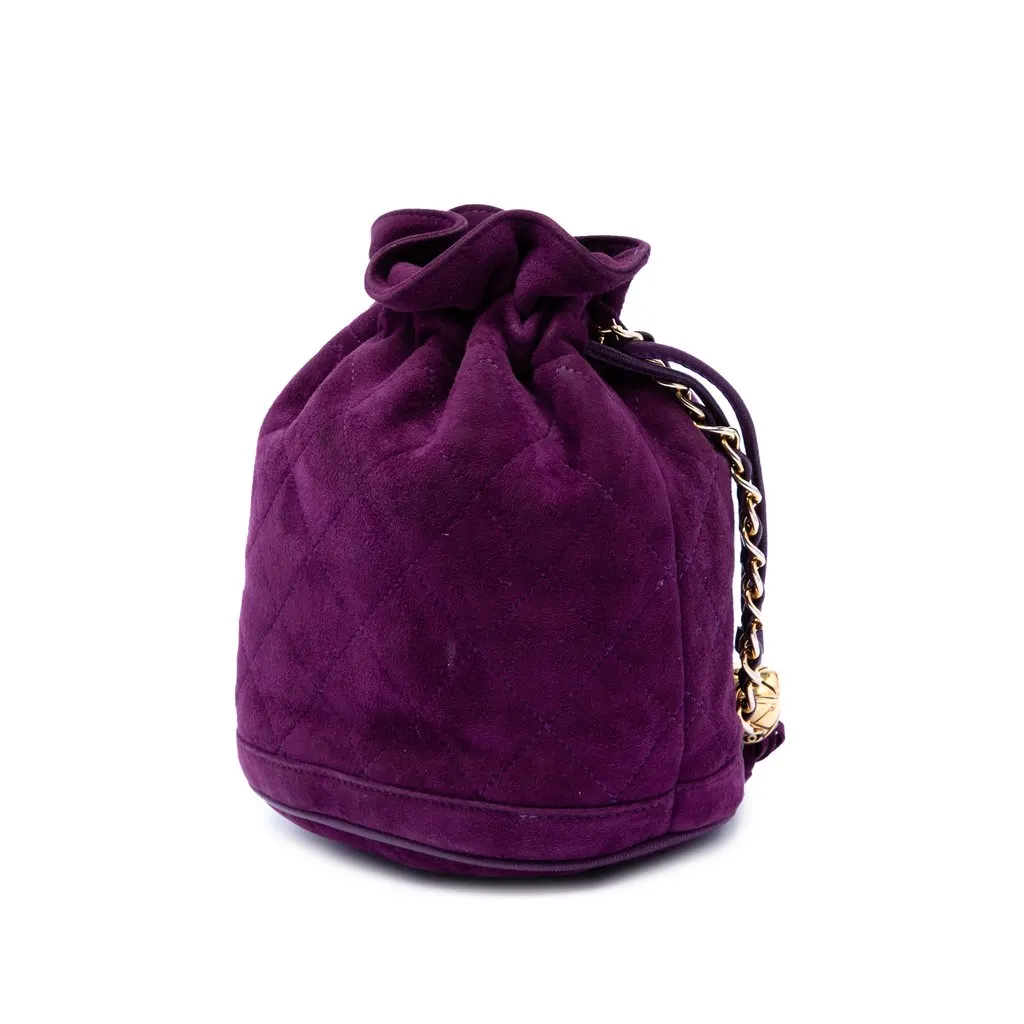 Chanel CC Quilted Suede Drawstring Tassel Bucket Bag Purple Leather Very good - Back View