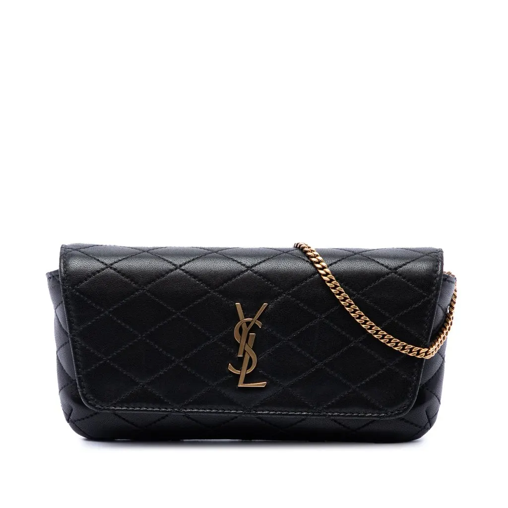Saint Laurent Quilted Lambskin Monogram Gaby Phone Holder Crossbody Black Leather Very good - Front View
