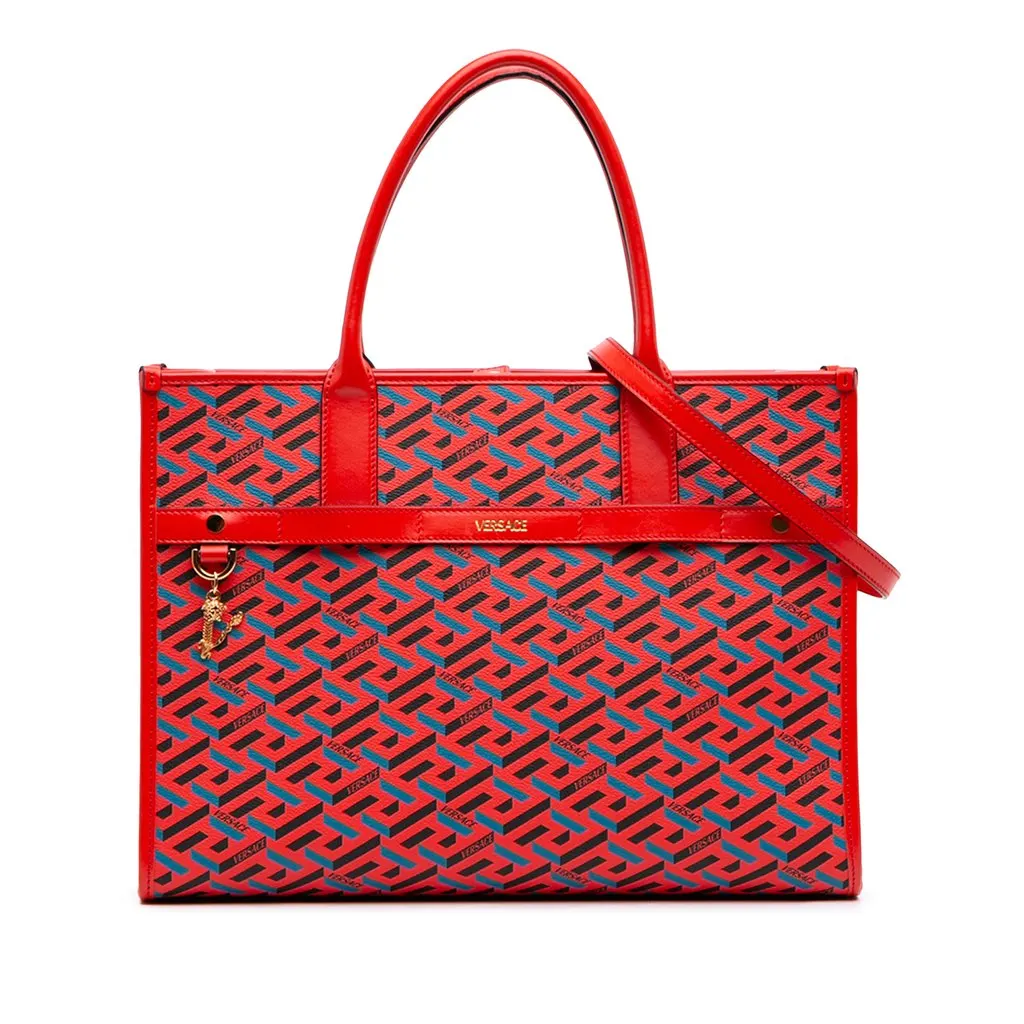 Versace Multicolor Coated Canvas La Greca Tote Red Very good - Front View