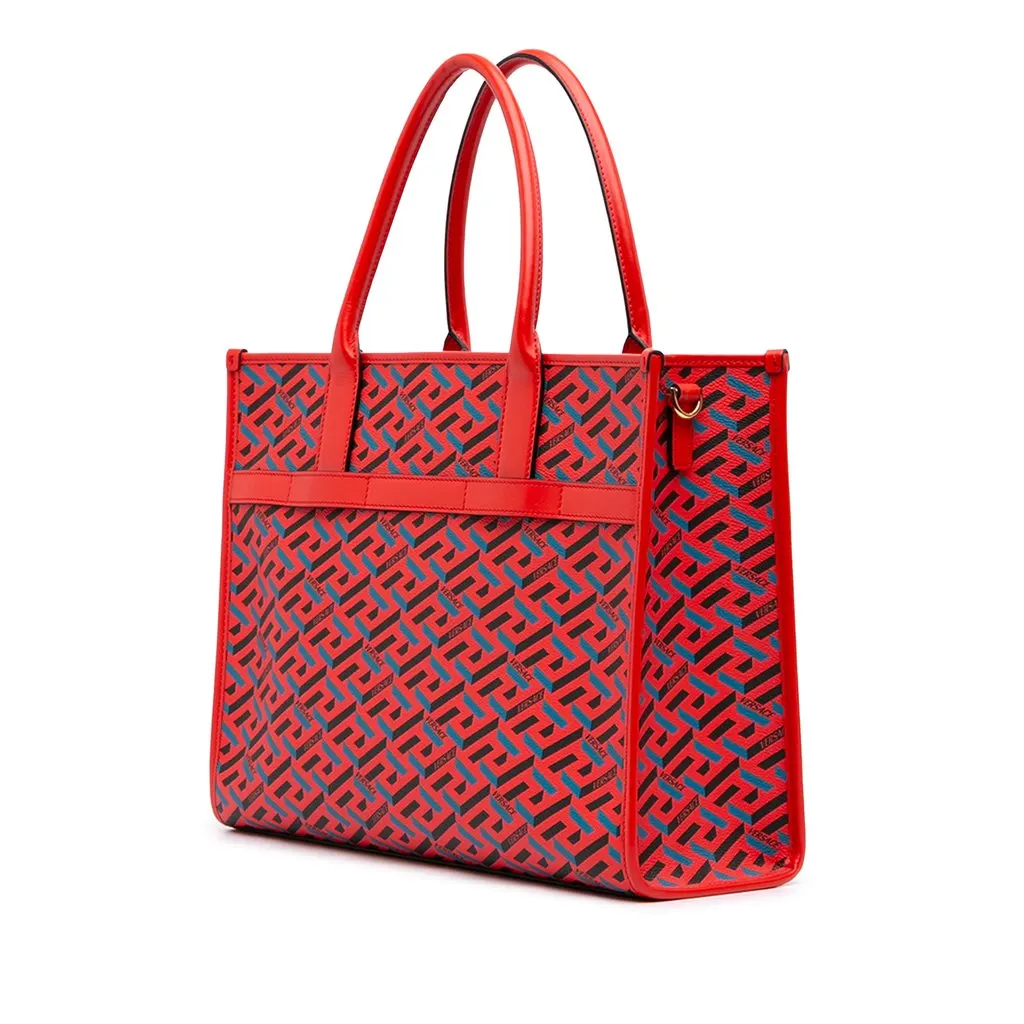 Versace Multicolor Coated Canvas La Greca Tote Red Very good - Back View