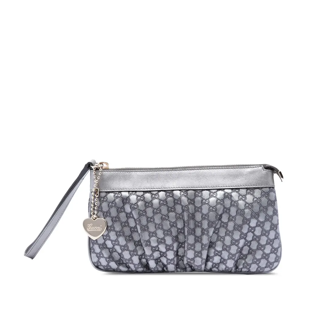 Gucci Microguccissima Heart Wristlet Pochette Silver Leather Very good - Front View