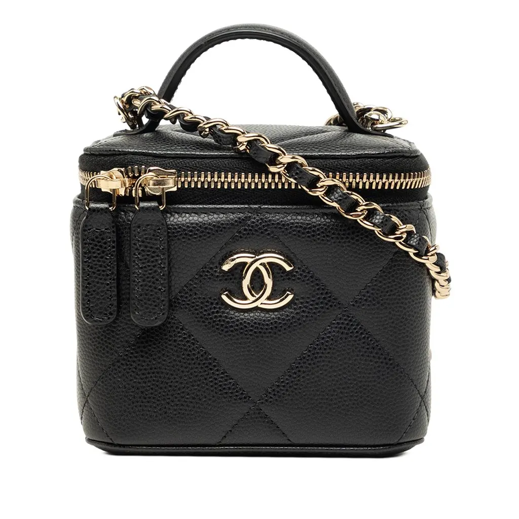 Chanel Mini CC Quilted Caviar Top Handle Vanity Case With Chain Black Leather Very good - Front View
