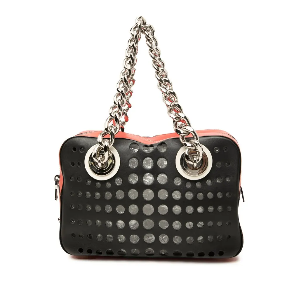 Prada Perforated Leather City Fori Chain Handbag Black Leather Very good - Front View