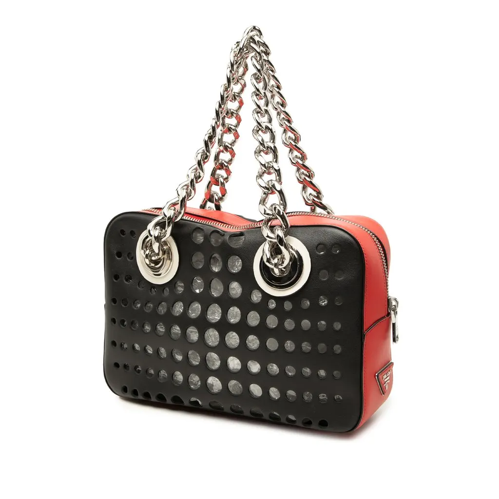 Prada Perforated Leather City Fori Chain Handbag Black Leather Very good - Back View