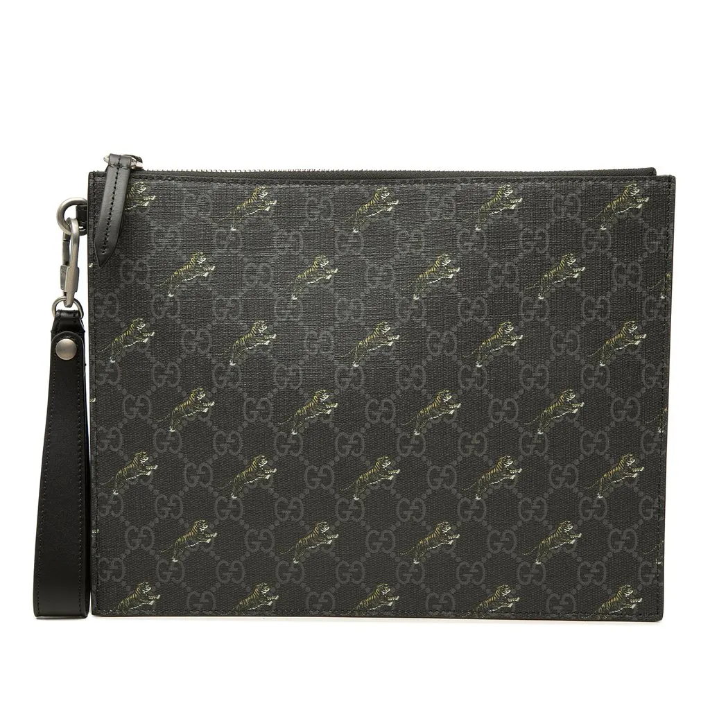 Gucci GG Supreme Tigers Zip Wristlet Pouch Black Canvas Very good - Front View