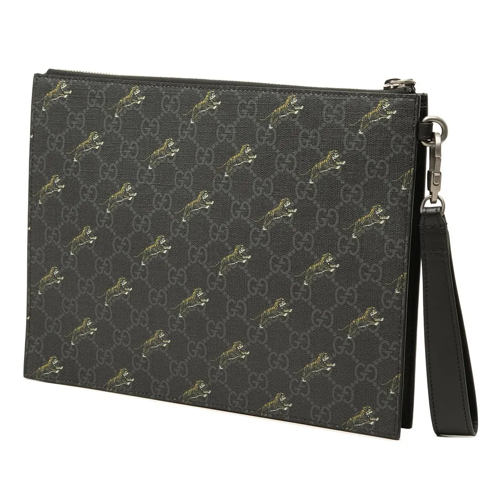 Gucci GG Supreme Tigers Zip Wristlet Pouch Black Canvas Very good - Back View