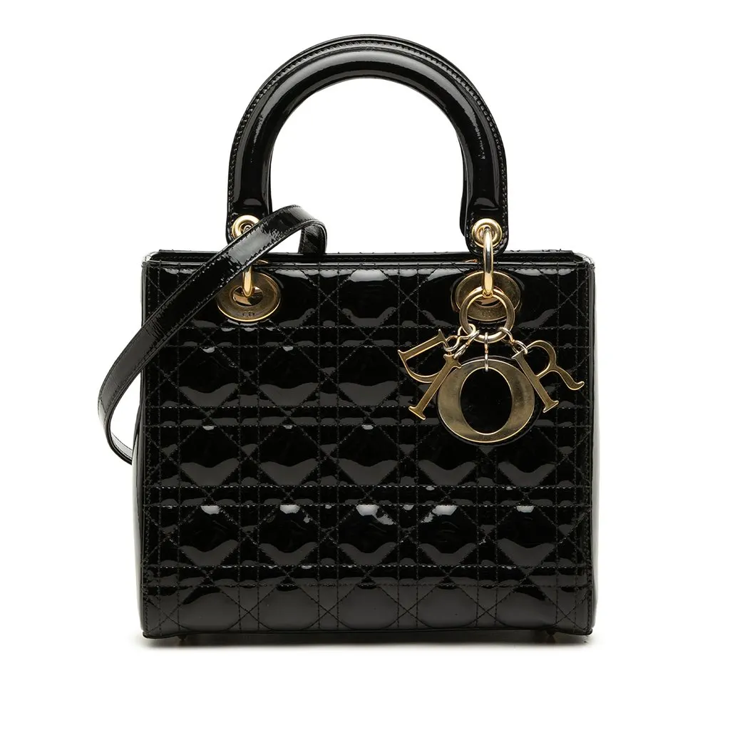 Dior Medium Patent Cannage Lady Dior Black Leather Very good - Front View
